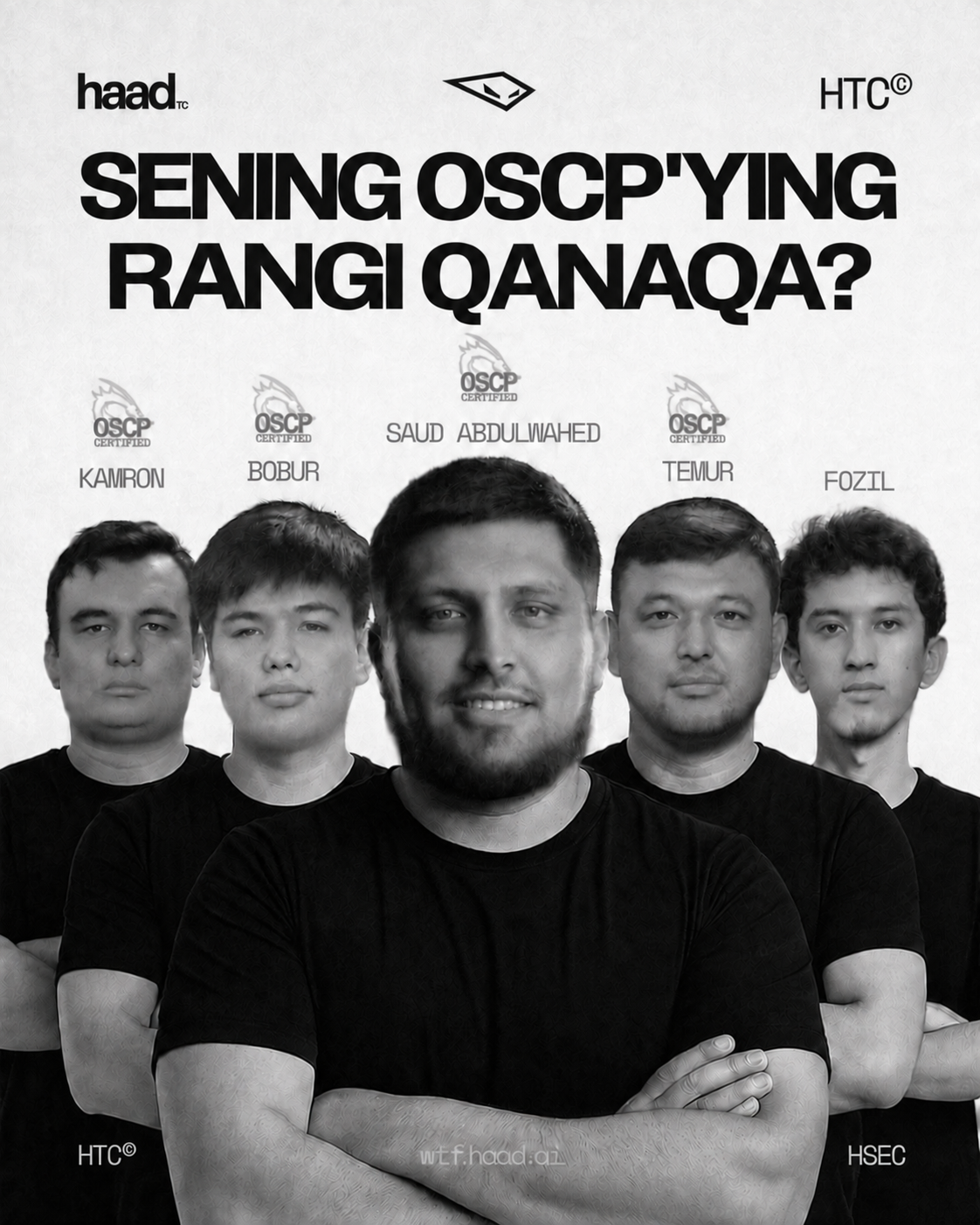 Sening OSCP’ing rangi qanaqa? Memda Kamron, Bobur, Saud Abdulwahed, Temur va Fozil tasvirlangan.